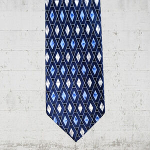 80s Vintage Stafford Navy Silver Diamond Argyle Classic Silk Neck Tie 4 x 57